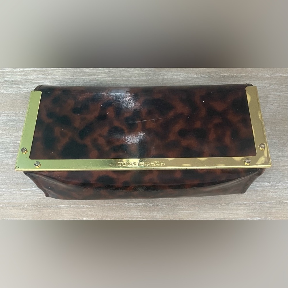 TORY BURCH brown cheetah leopard print EYEGLASS / SUNGLASS CASE w/ gold trim
